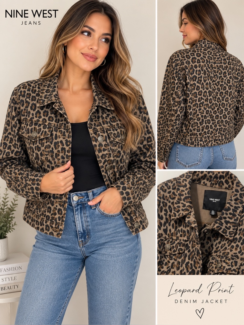 Size US XL Nine West Leopard-Print Denim Jacket in Brown and Black